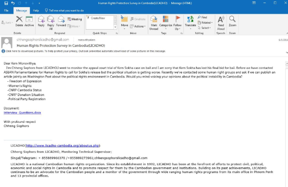 Image of phishing email to Cambodian political party